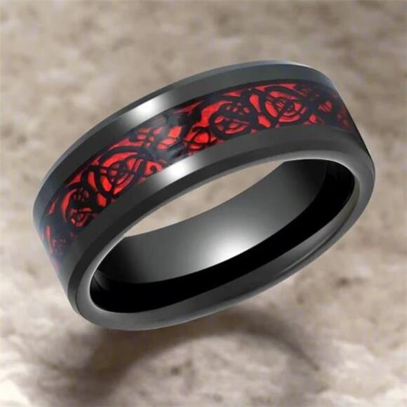 Men's Wedding Band Ring 6mm Red Celtic Dragon Black Carbon Fiber for Men & Women - Picture 2 of 5